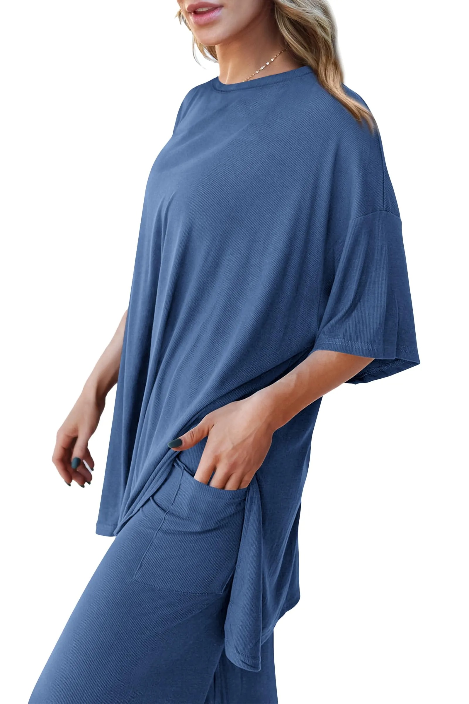 HOT SALE Women's 2 Piece Outfits Casual Short Tops and Wide Leg Pants Lounge Sets