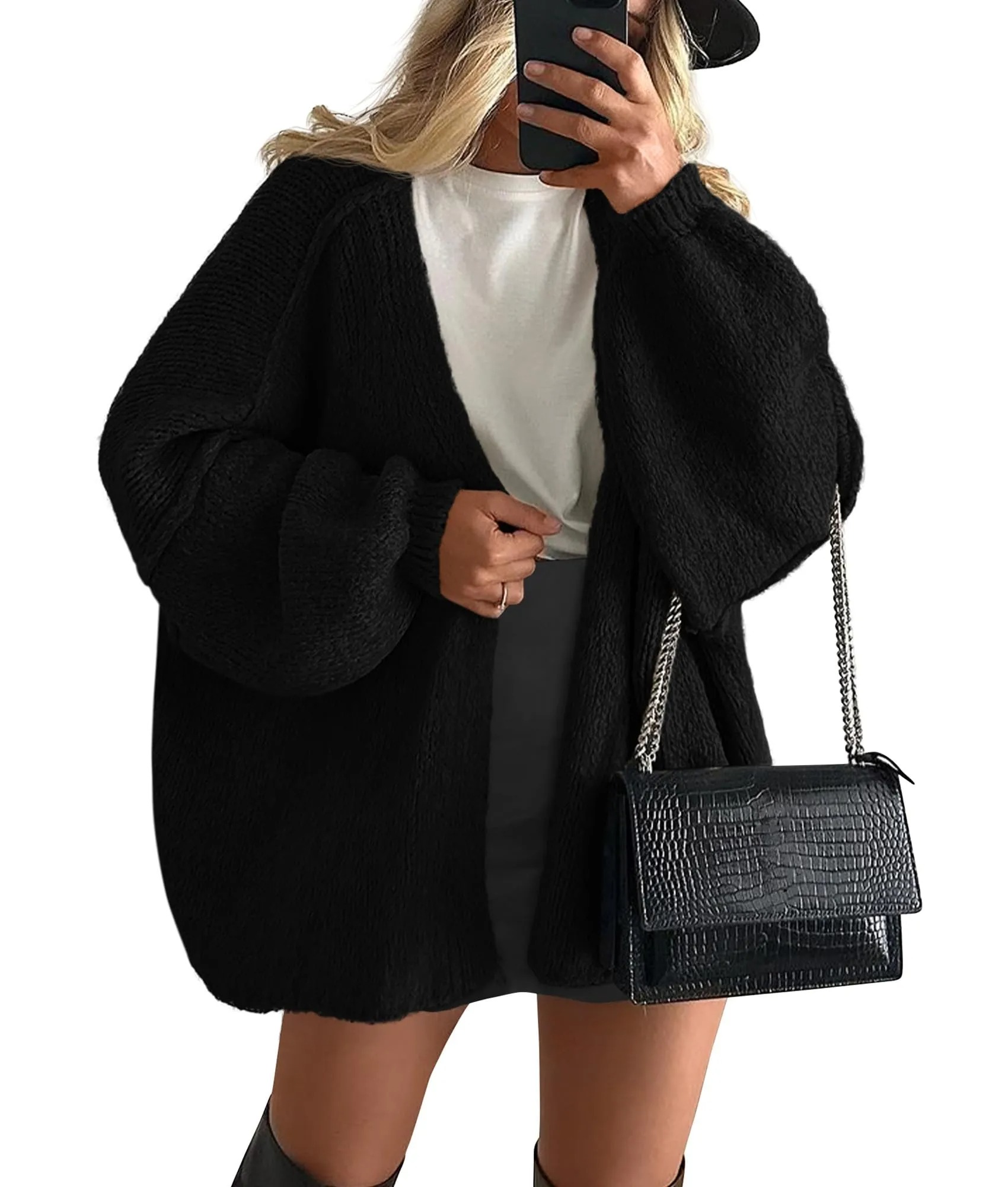 HOT SALE Women's Oversized Cardigan Long Lantern Sleeve Knit Open Front Lightweight Sweater
