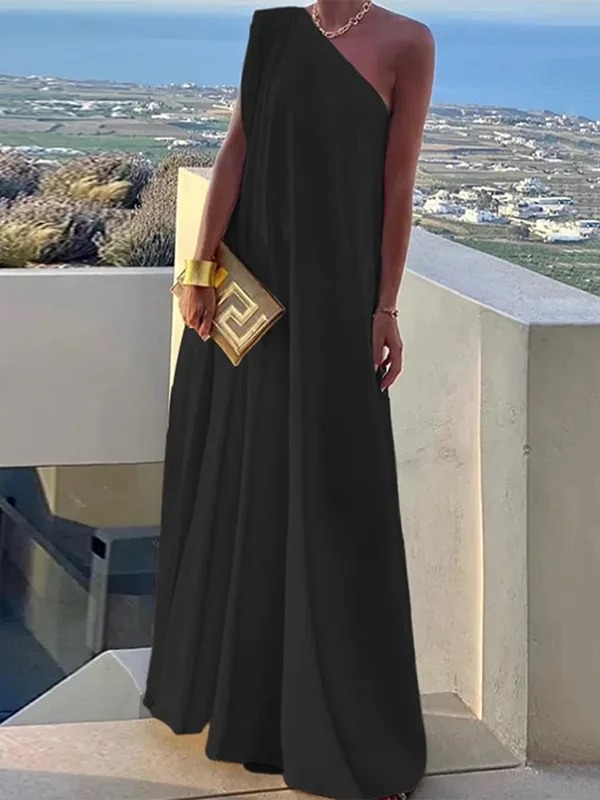 Women's Summer Asymmetric Solid Color Slit One Shoulder Maxi Dress