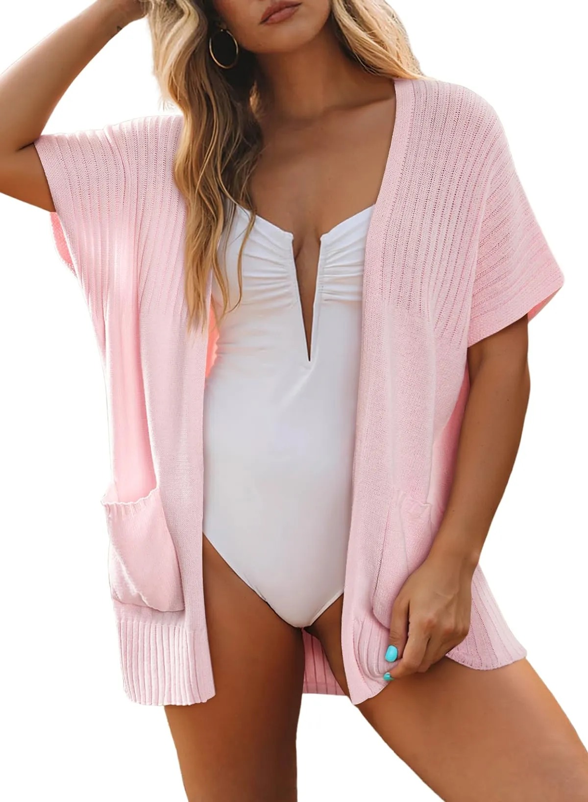 HOT SALE Women's Short Sleeve Pleated Lightweight Open Front Cardigan