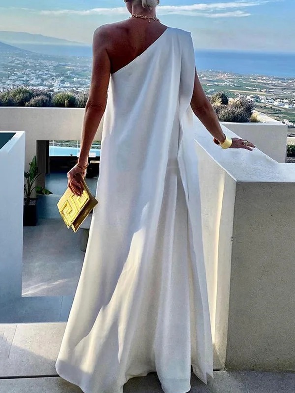 Women's Summer Asymmetric Solid Color Slit One Shoulder Maxi Dress