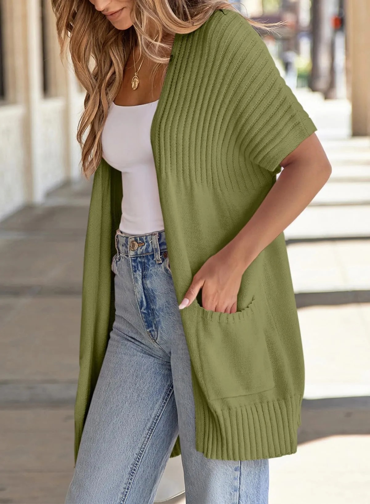 HOT SALE Women's Short Sleeve Pleated Lightweight Open Front Cardigan