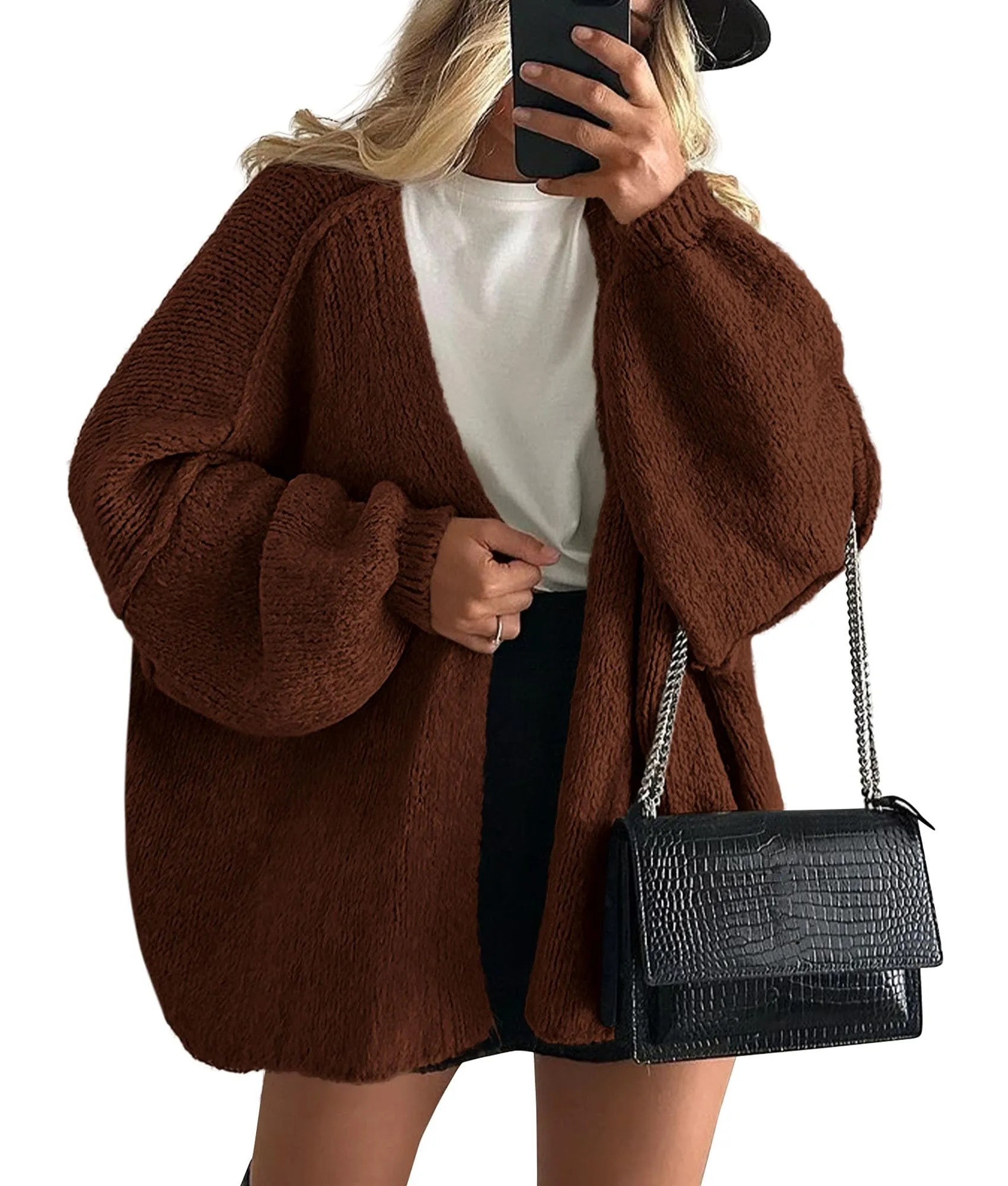 HOT SALE Women's Oversized Cardigan Long Lantern Sleeve Knit Open Front Lightweight Sweater