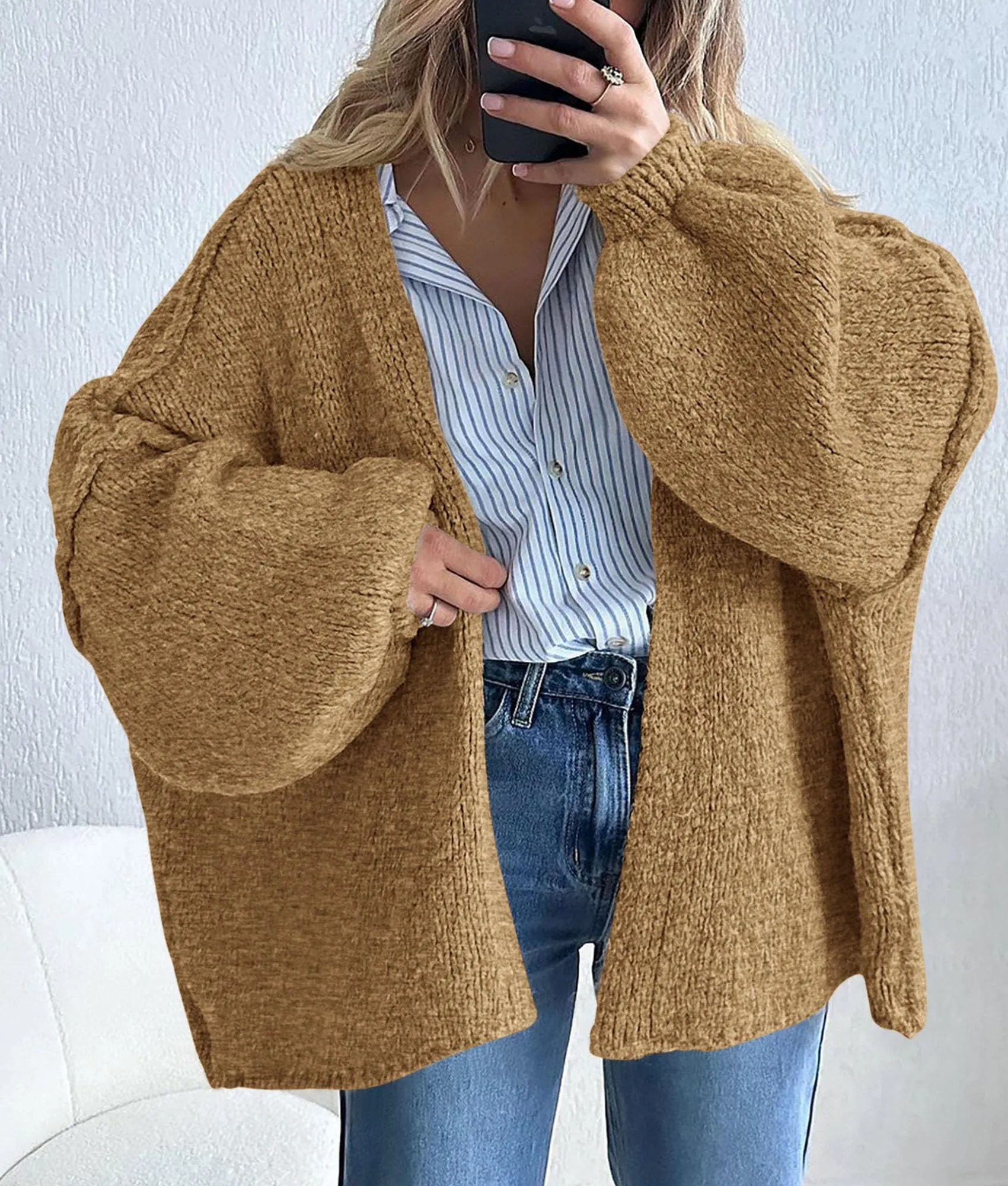 HOT SALE Women's Oversized Cardigan Long Lantern Sleeve Knit Open Front Lightweight Sweater