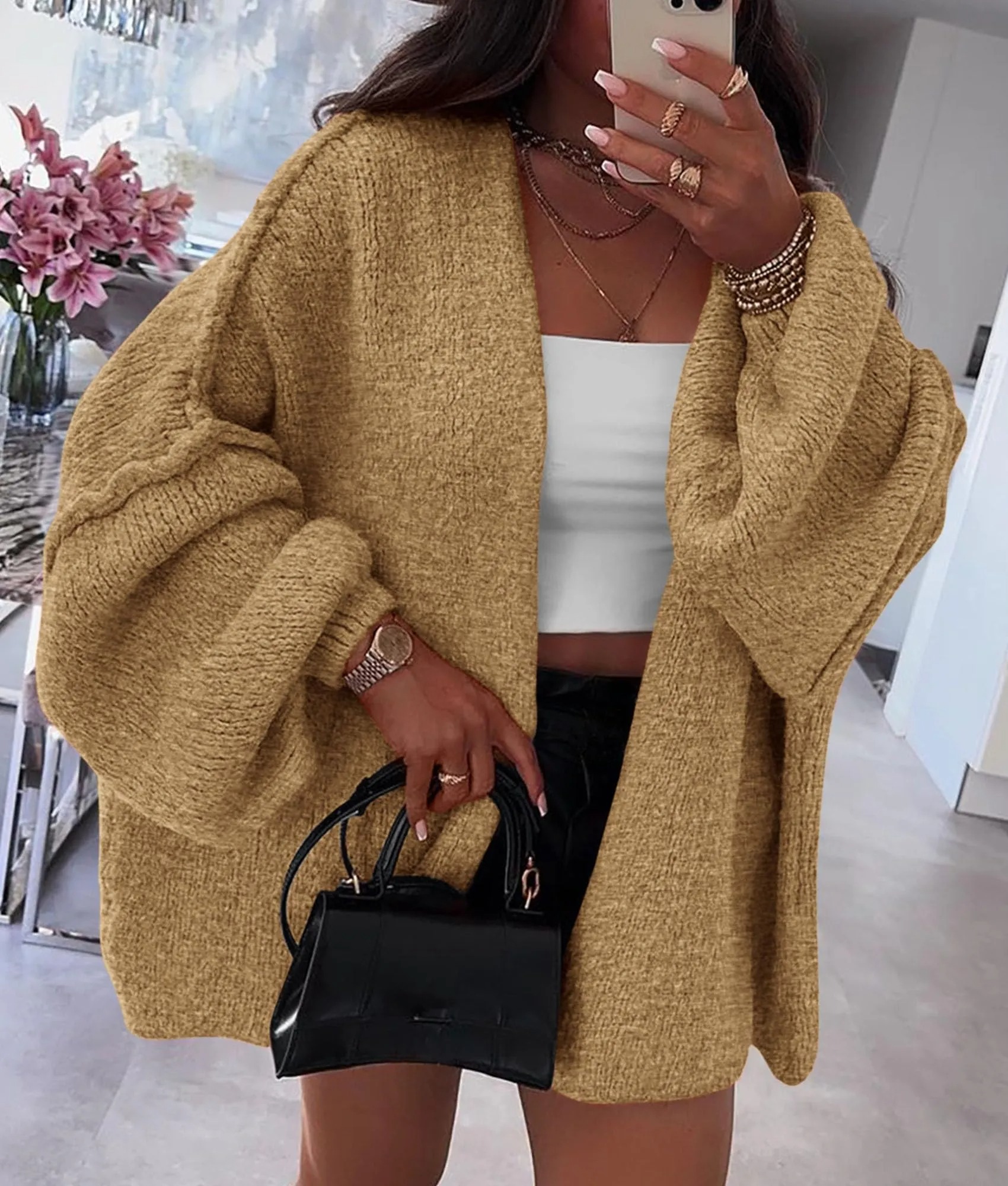 HOT SALE Women's Oversized Cardigan Long Lantern Sleeve Knit Open Front Lightweight Sweater