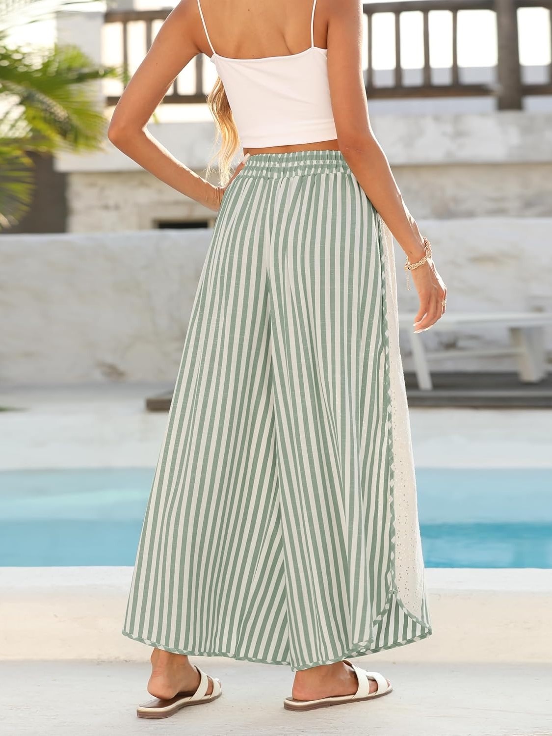 Women's Summer Casual Loose Striped Lace Patchwork Wide Leg Pants