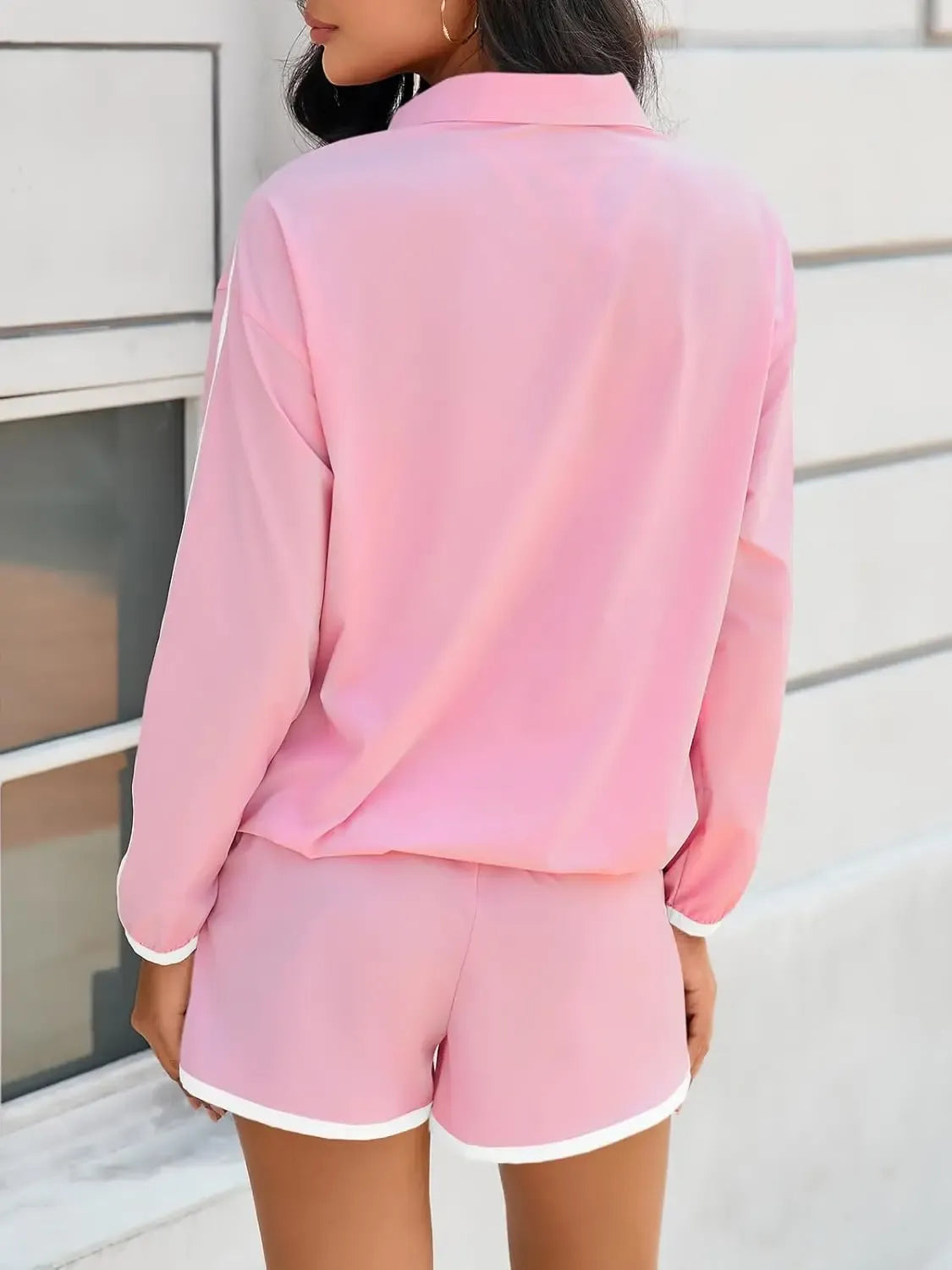 HOT SALE Women's Half-Zip Long Sleeve Top & Shorts Casual Two-Piece Set
