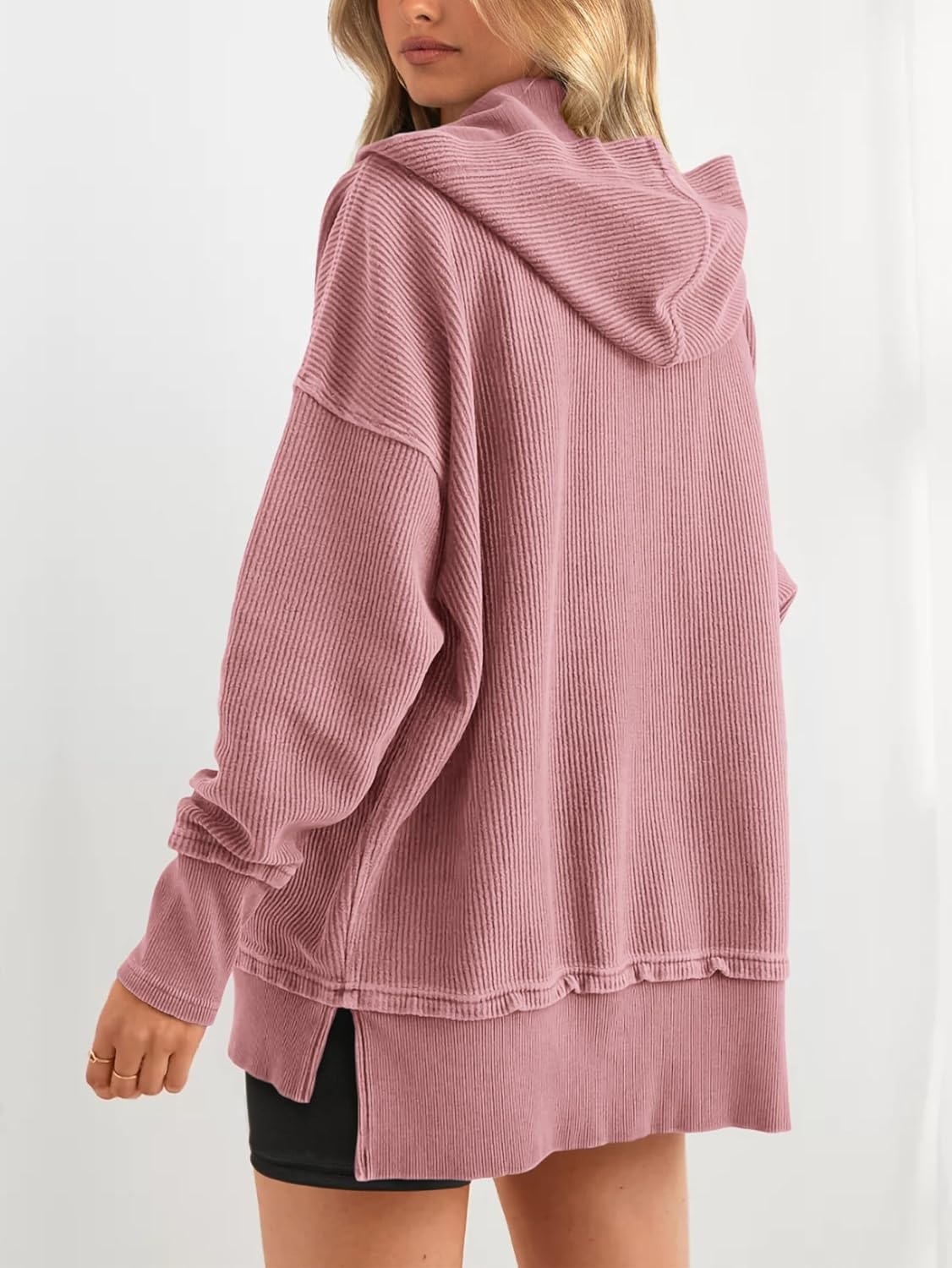 Women's Oversized Button Down V Neck Sweatshirt Side Slit Hoodie