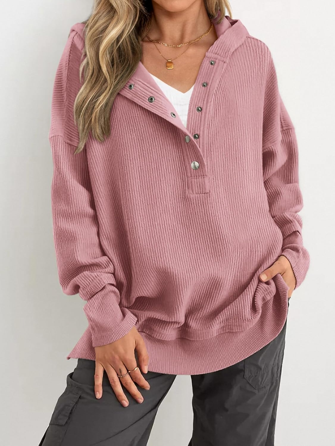 Women's Oversized Button Down V Neck Sweatshirt Side Slit Hoodie