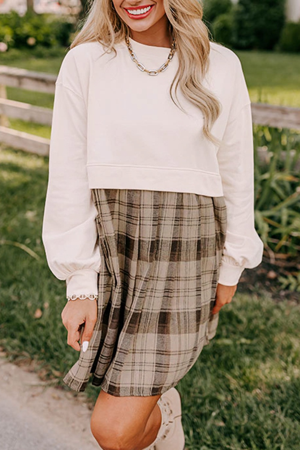 HOT SALE Women's Autumn Long Sleeve Round Neck Plaid Print Patchwork Dress