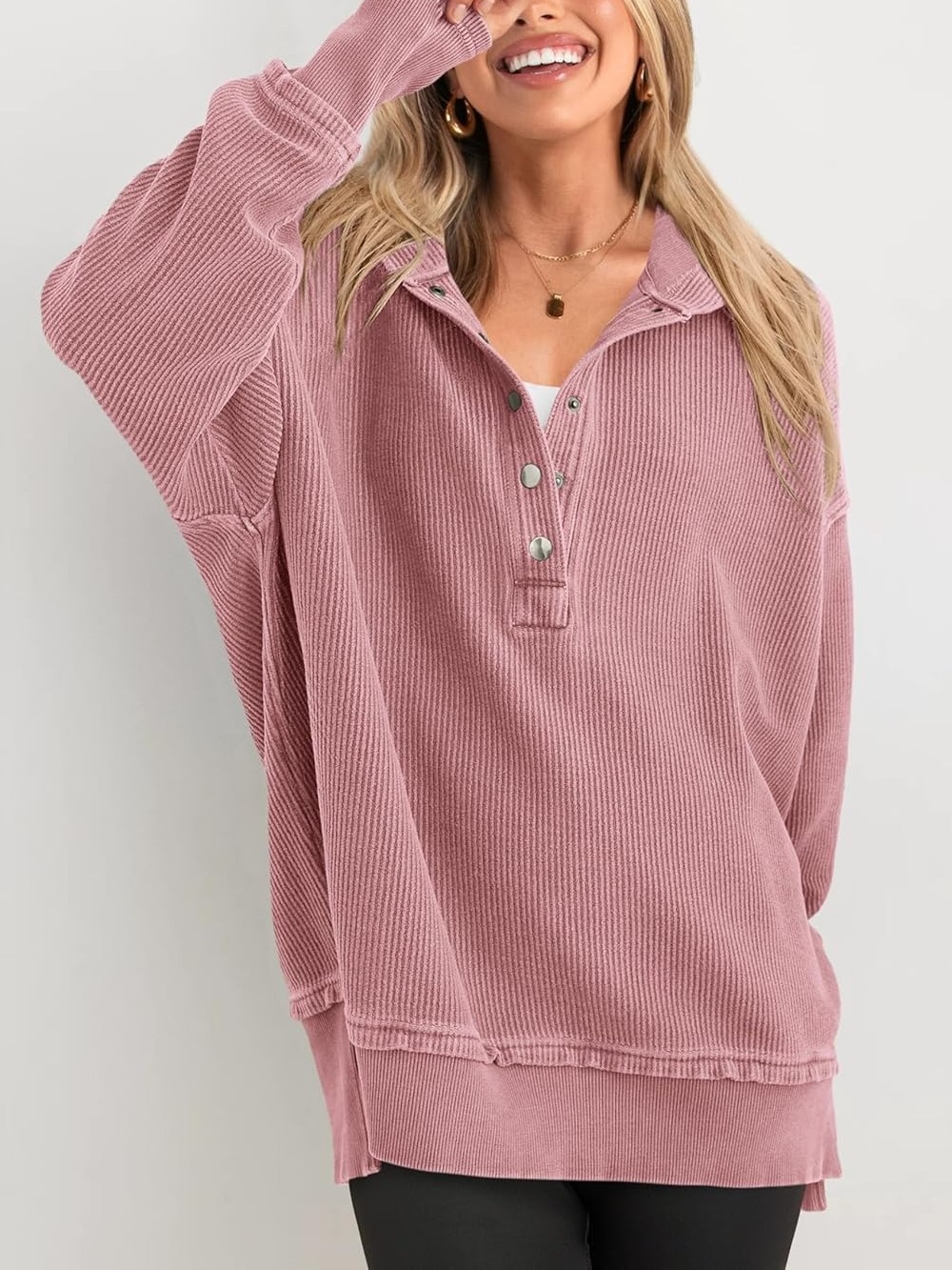 Women's Oversized Button Down V Neck Sweatshirt Side Slit Hoodie