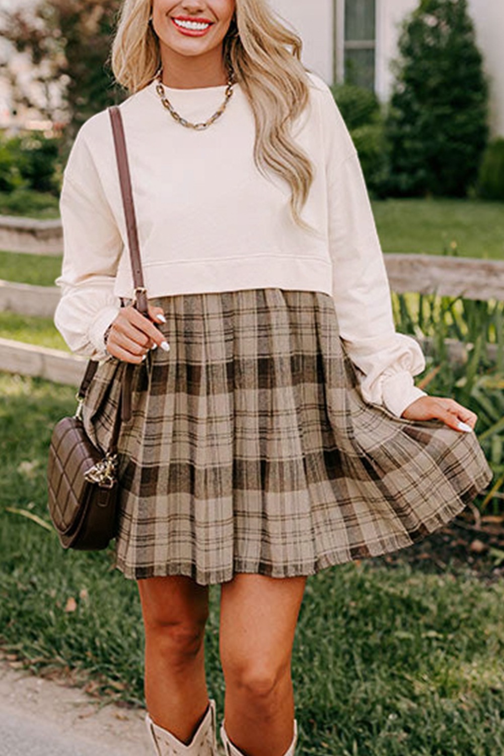 HOT SALE Women's Autumn Long Sleeve Round Neck Plaid Print Patchwork Dress