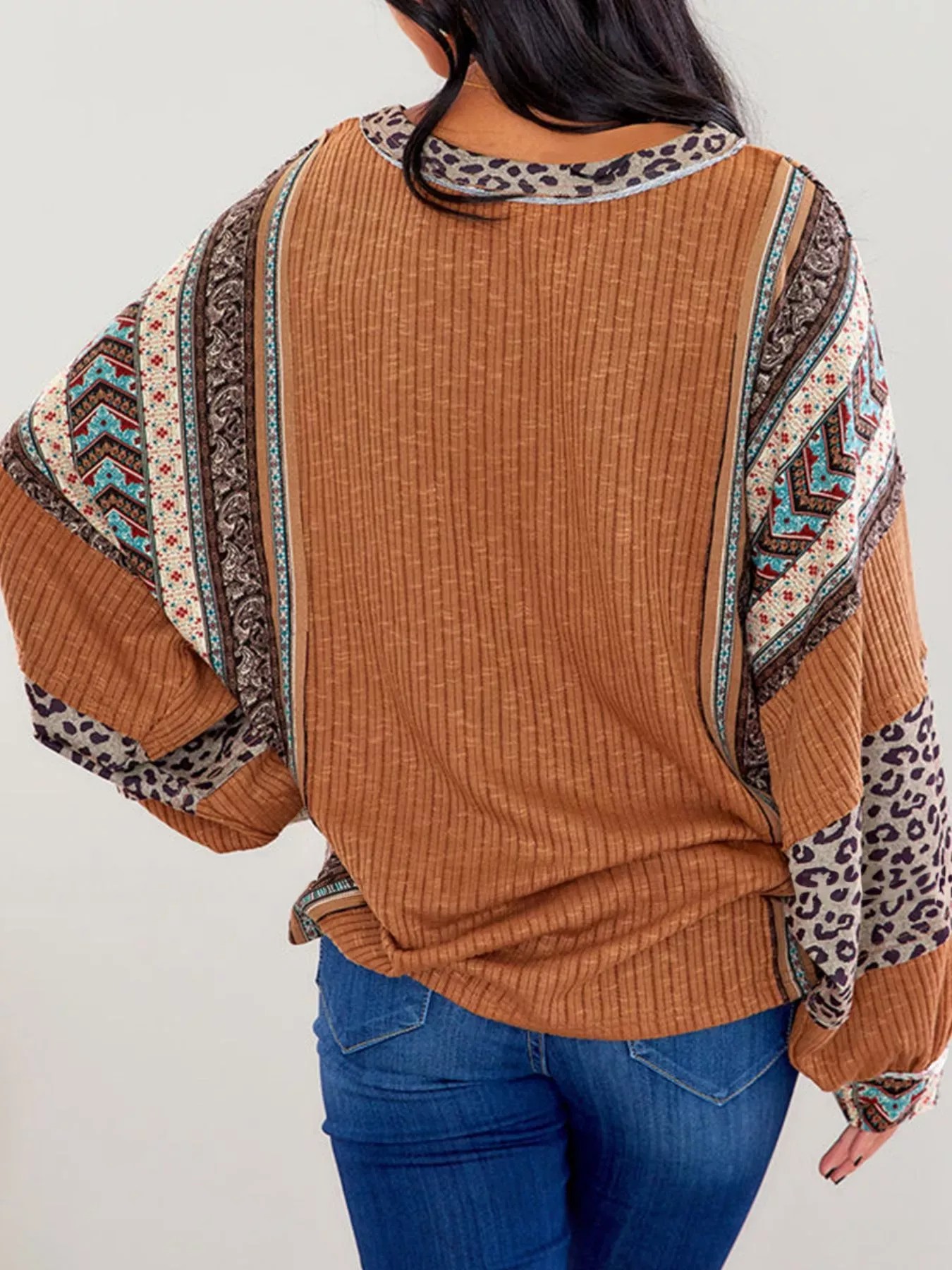 Women's Boho Leopard Patchwork Ribbed Long Sleeve Top