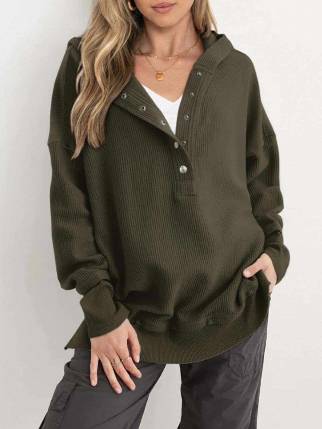 Women's Oversized Button Down V Neck Sweatshirt Side Slit Hoodie