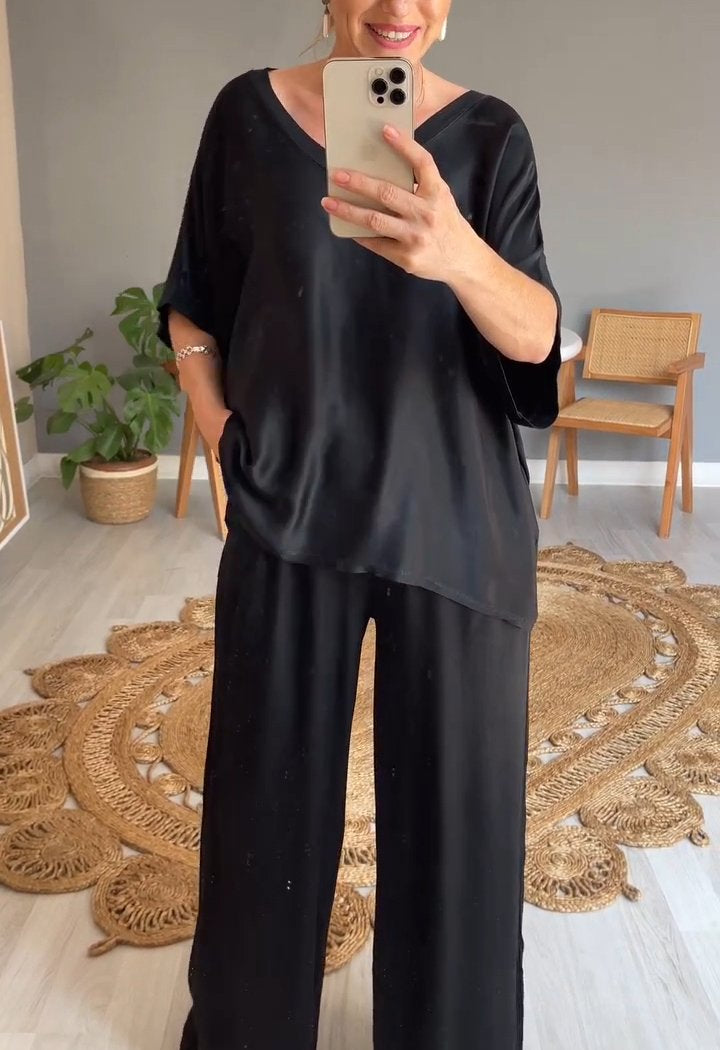 HOT SALE V-neck Satin Top and Wide Leg Two-piece Set