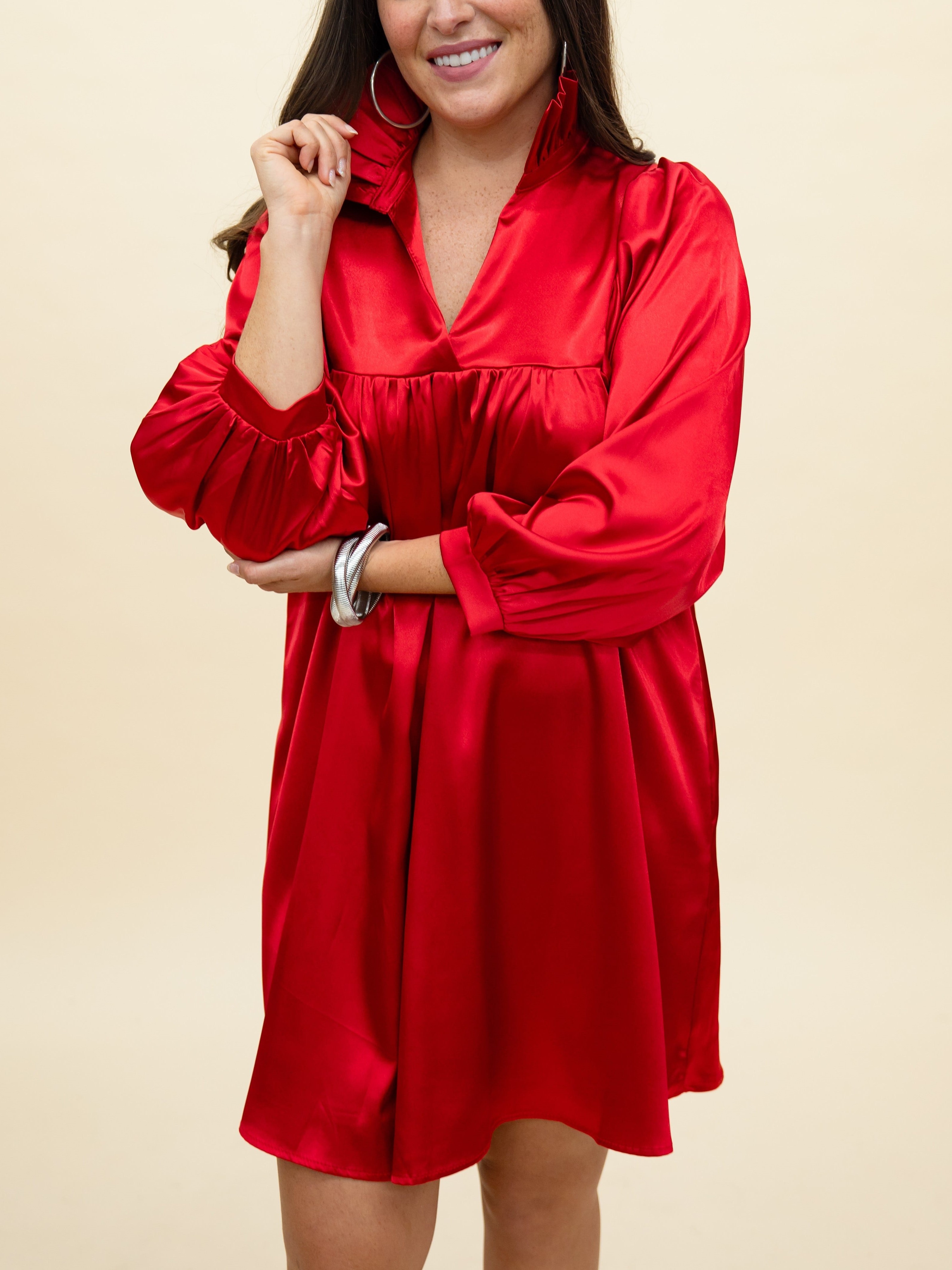 HOT SALE Satin High Ruffle Collar Puff Sleeve Dress