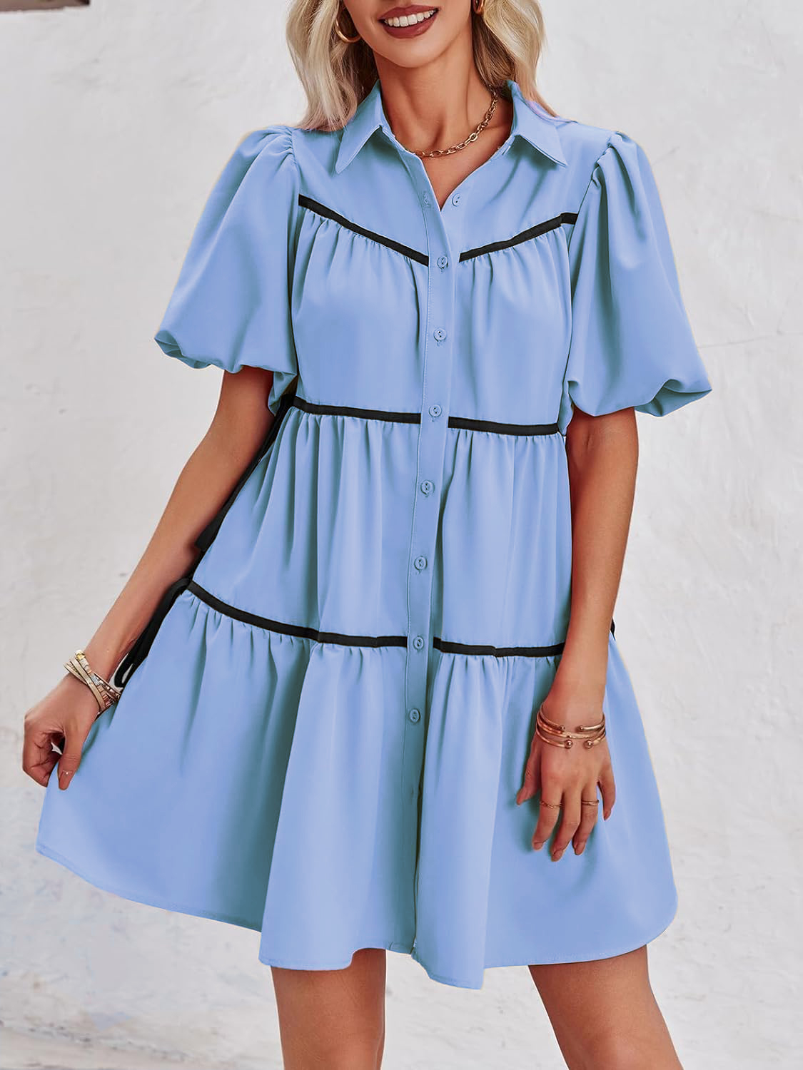 🔥Summer Contrasting Puff Short Sleeve Tiered Mini Dress (Buy 2 Free Shipping)