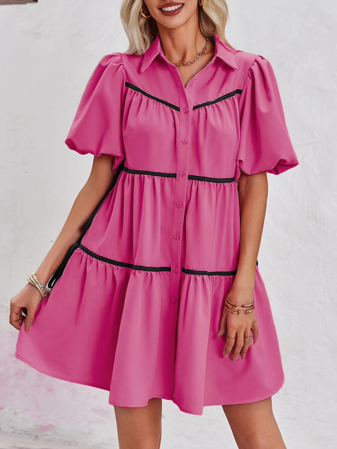 🔥Summer Contrasting Puff Short Sleeve Tiered Mini Dress (Buy 2 Free Shipping)