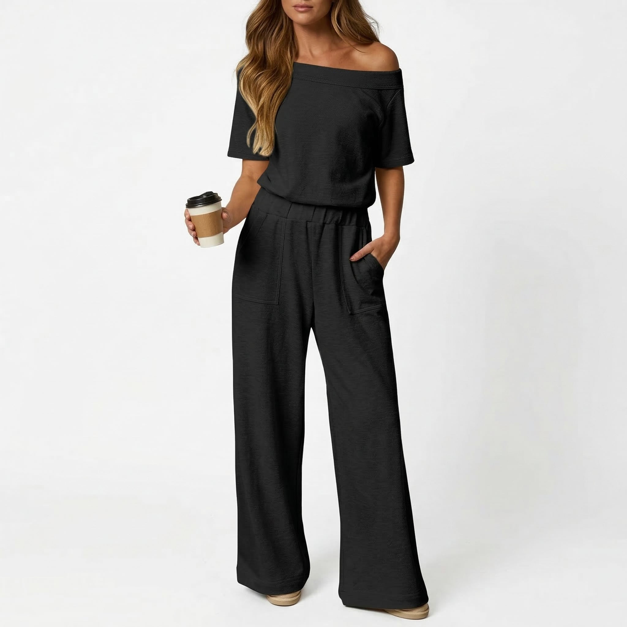 HOT SALE Women's Short Sleeve Back Cutout Casual Wide Leg Loose Fit One-Piece Jumpsuit