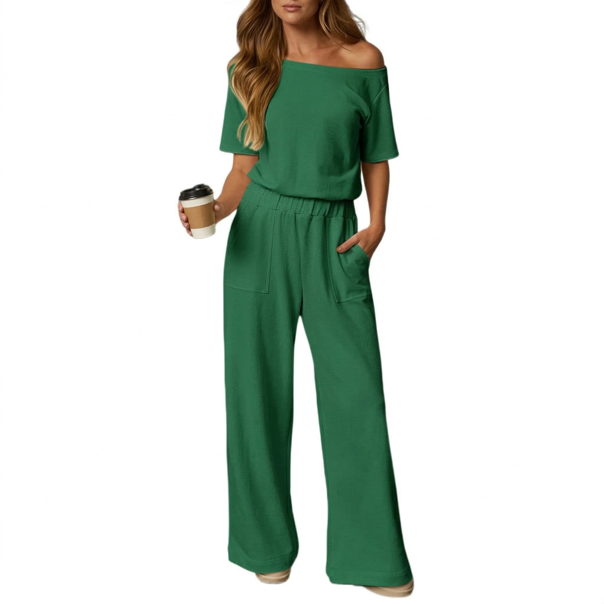 HOT SALE Women's Short Sleeve Back Cutout Casual Wide Leg Loose Fit One-Piece Jumpsuit