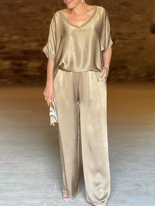 HOT SALE V-neck Satin Top and Wide Leg Two-piece Set