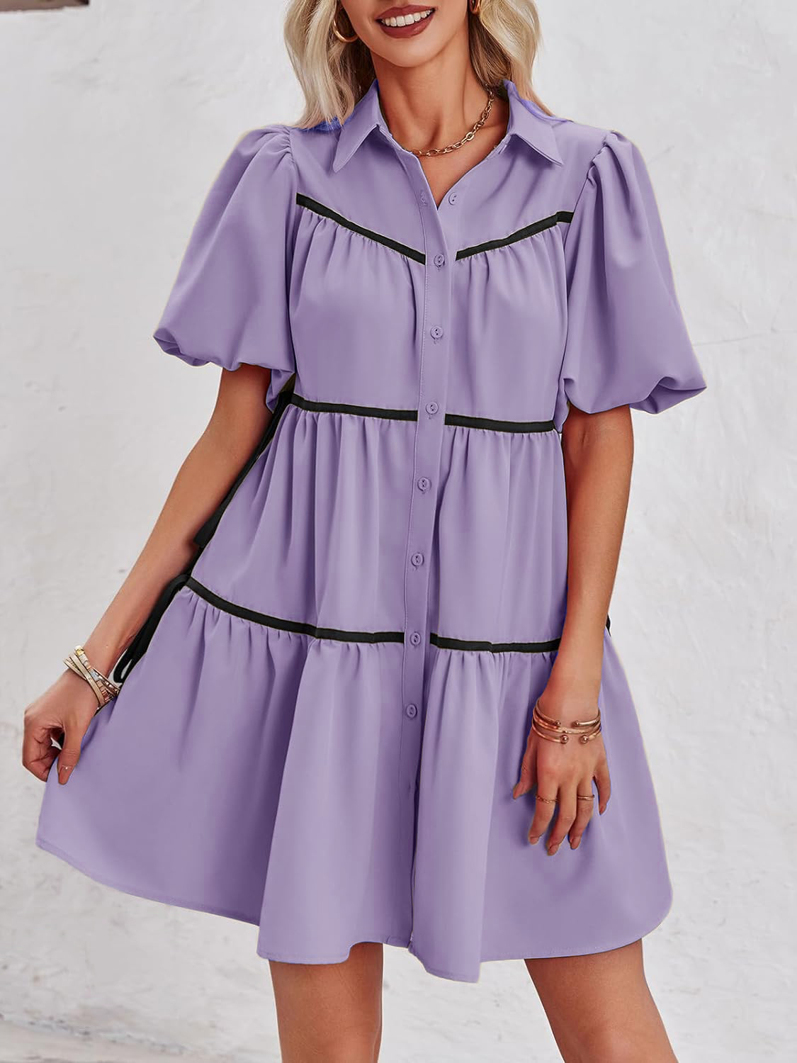 🔥Summer Contrasting Puff Short Sleeve Tiered Mini Dress (Buy 2 Free Shipping)