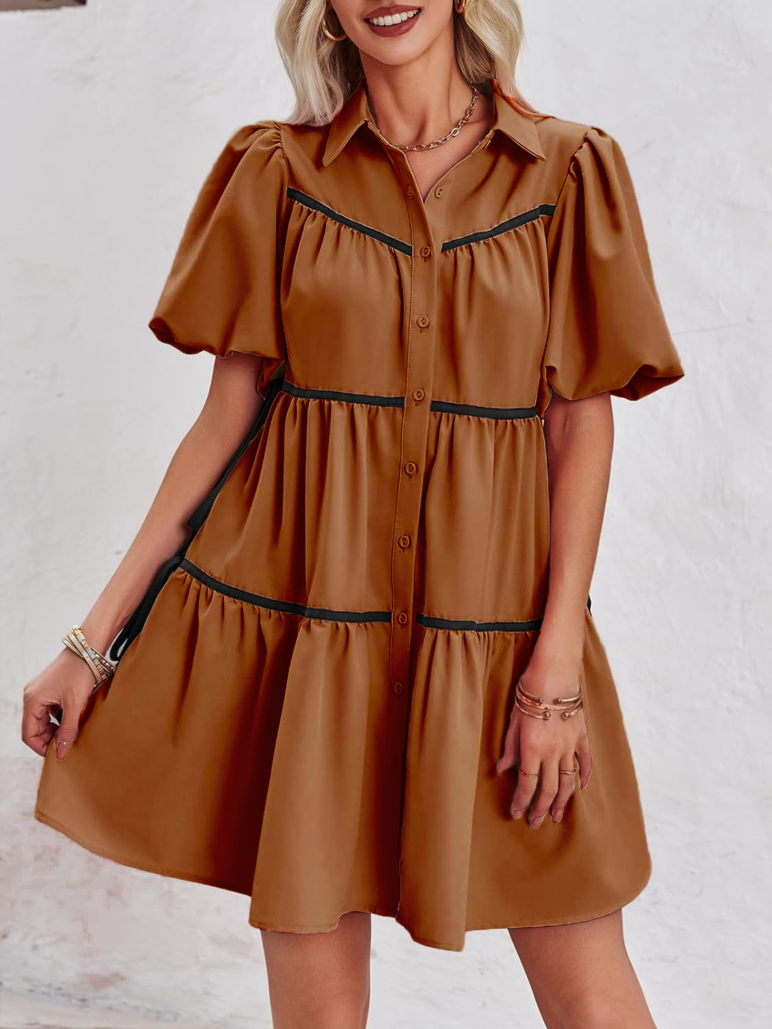 🔥Summer Contrasting Puff Short Sleeve Tiered Mini Dress (Buy 2 Free Shipping)