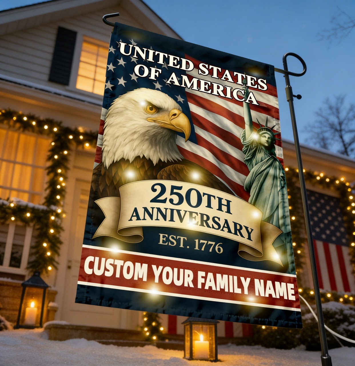 Custom Family Name Celebrate America 250th Anniversary Garden Flag Patriotic Gifts