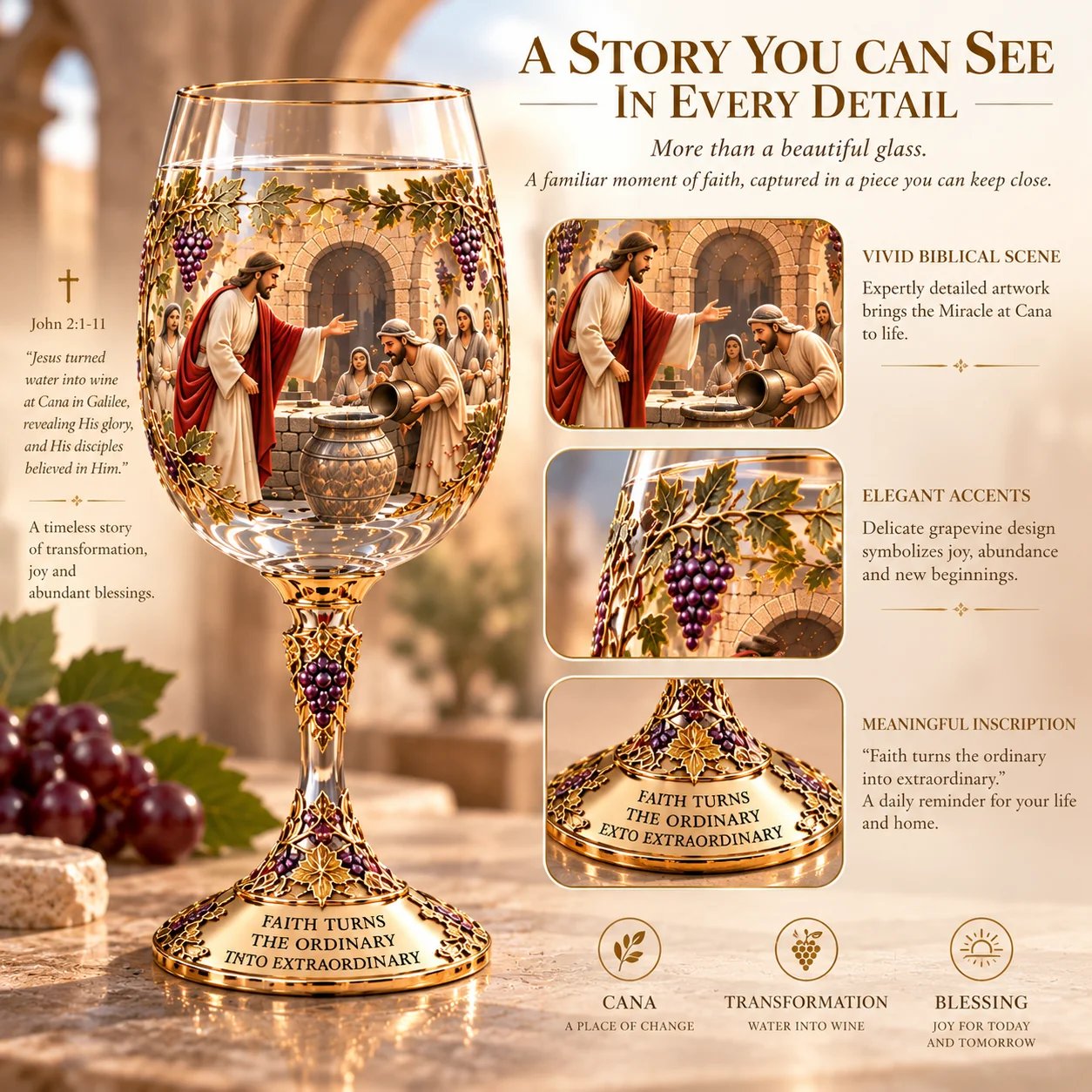 Cana scene, grapevine accents and symbolic details on the glass set