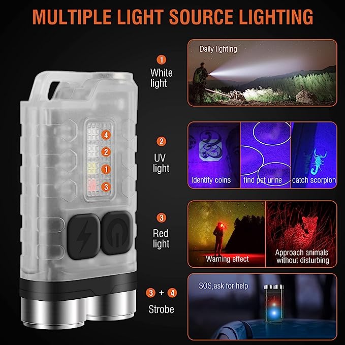 Small Powerful EDC Flashlight with Red UV Blue Light -Super Bright 900LM