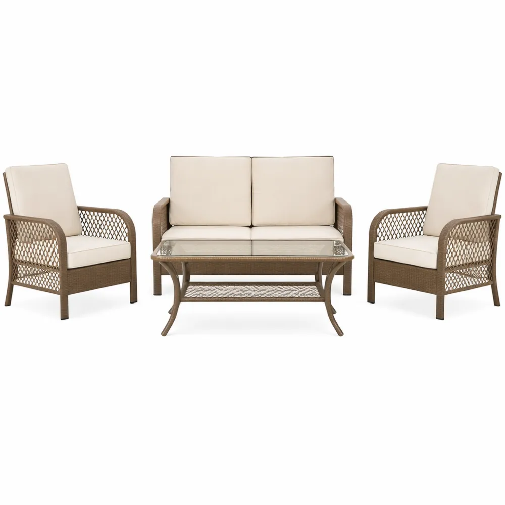 Set arredo giardino in rattan 4 pezzi con cuscini imbottiti