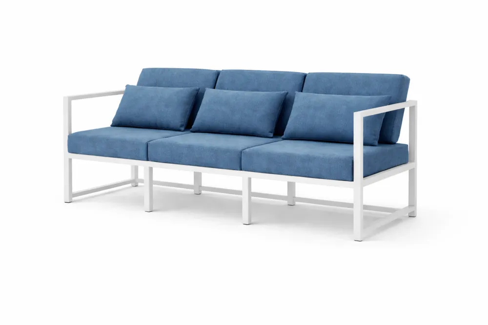 Divano a 3 Posti in Tessuto Lino Moderno con Cuscini e Gambe in Metallo per Soggiorno e Camera, Blu