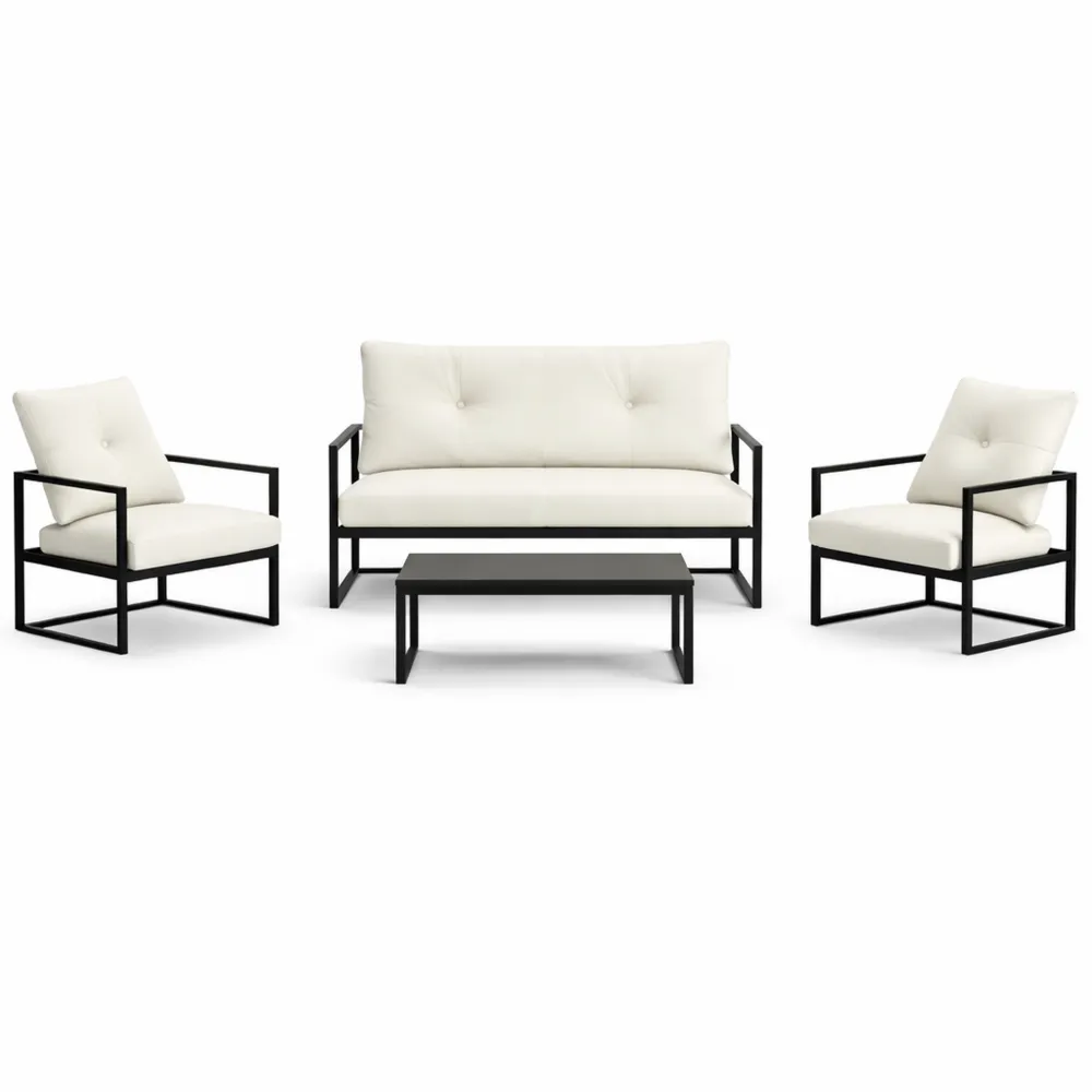 Set salotto da giardino con divano, poltrone e tavolino in vetro, struttura in acciaio