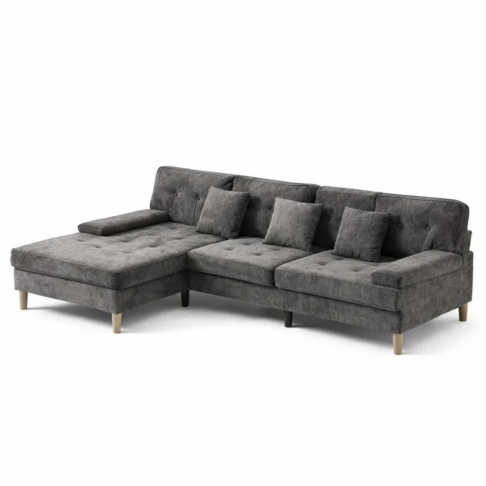 Divano letto modulare a forma di L con chaise longue e poggiapiedi, per ambienti compatti, grigio