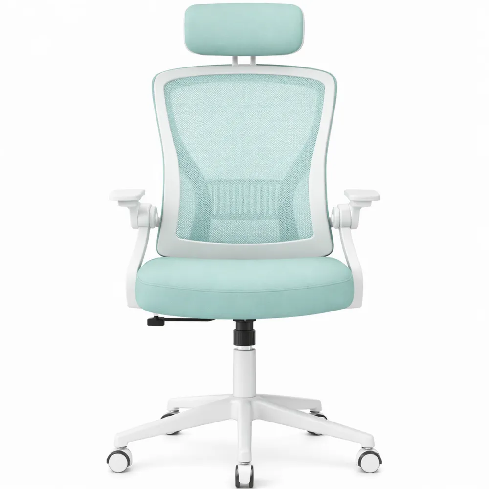 Sedia da ufficio ergonomica con braccioli ribaltabili e poggiatesta, rivestimento in rete traspirante