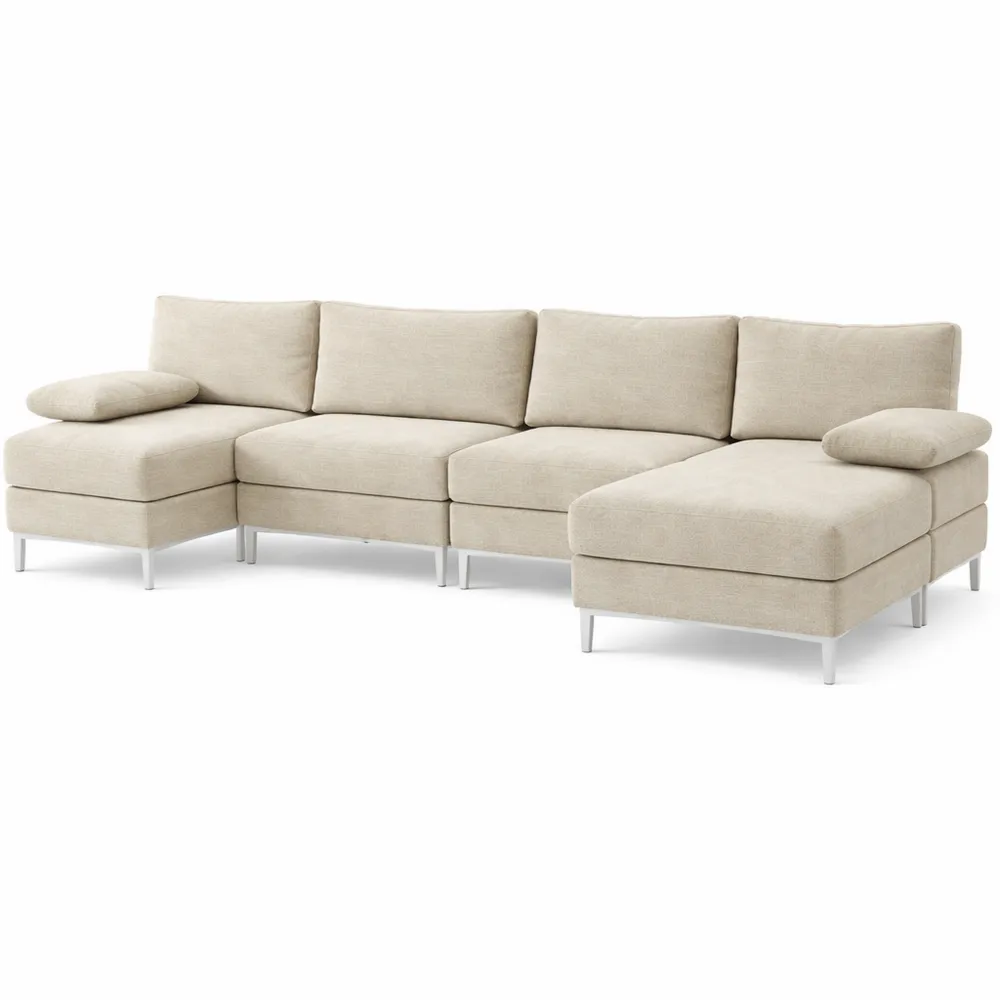 Divano Componibile 4 Posti con Poggiapiedi e Cuscini, Tessuto effetto Ciniglia, 313x149x88 cm, Bianco Crema