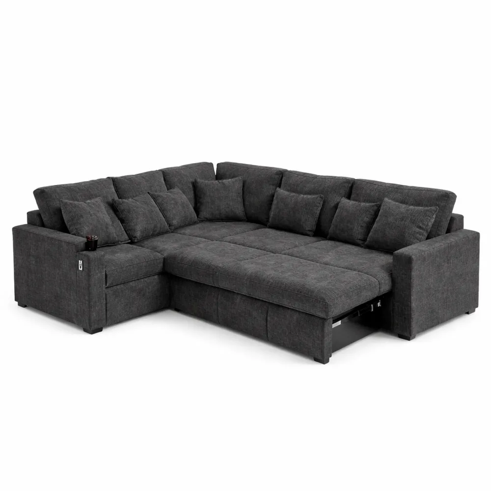 Divano letto angolare a 3 posti con vano contenitore e accessori