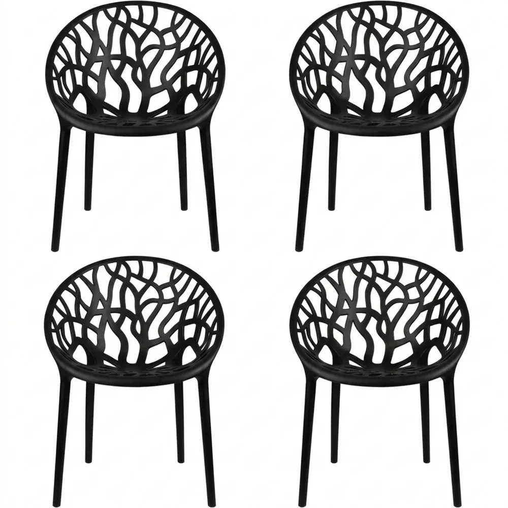 Ergonomischer Gartenstuhl mit Rückenlehne, stapelbar und wetterfest, Set aus 4, Schwarz