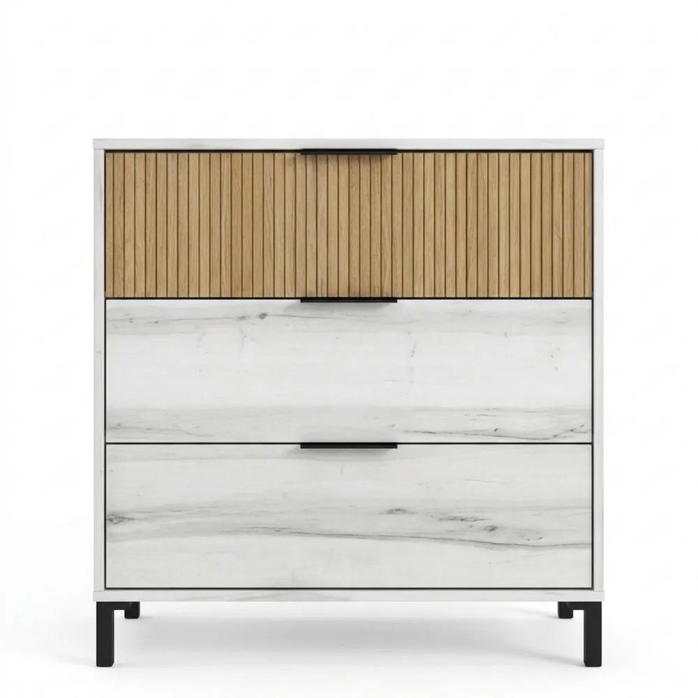 Schubladenkommode in Weiß mit Holzmaserung, 3 Schubladen, 80 x 81,3 x 40 cm