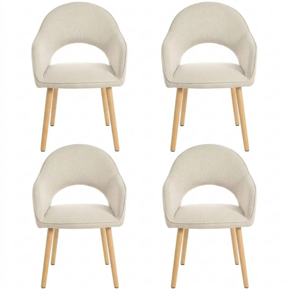 4er Set Polsterstühle mit Armlehne und Holzbeinen, Beige