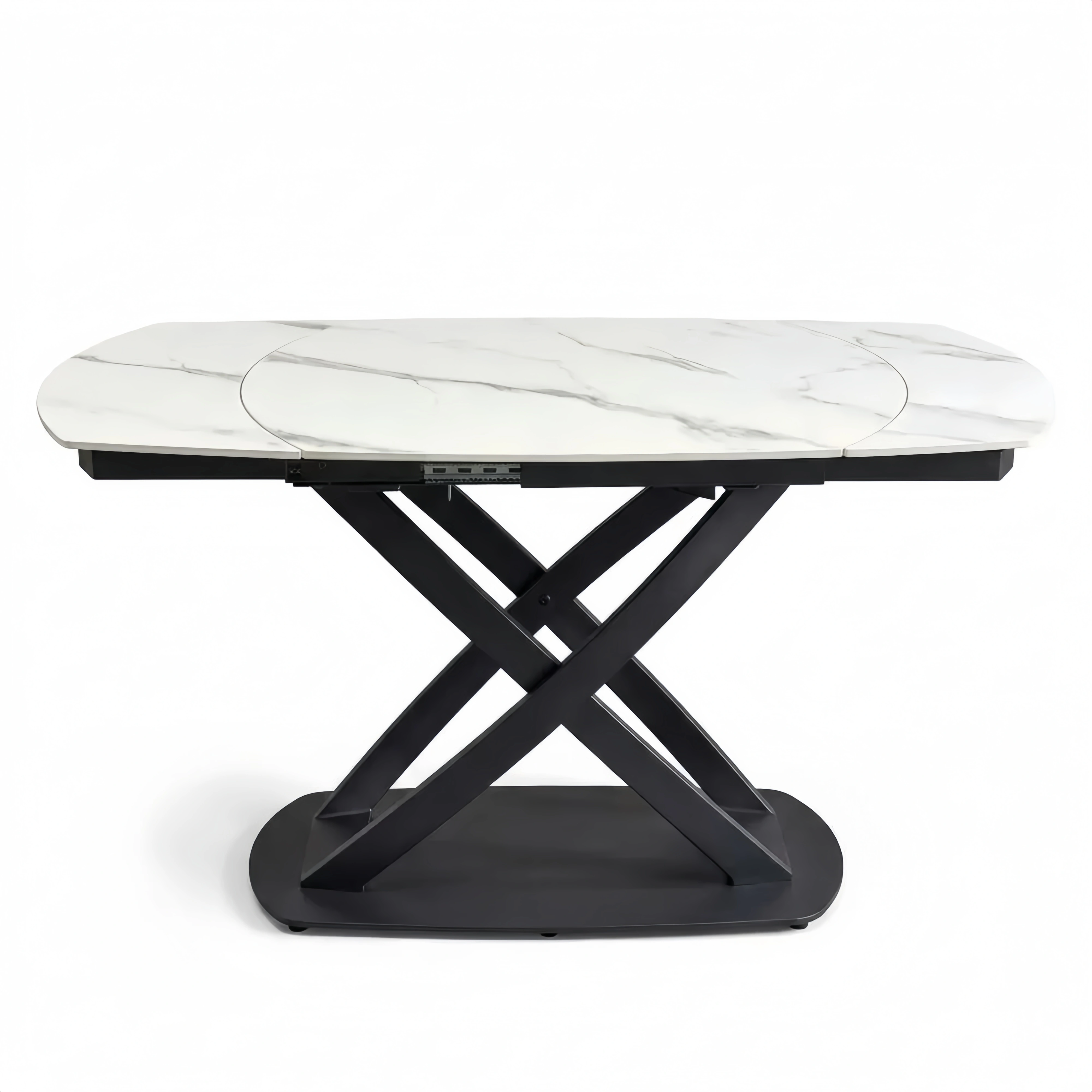 Ovaler Ausziehbarer Esstisch mit Marmor-Design und Schwarzem Metallgestell