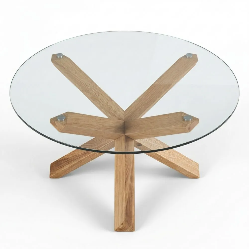 Runder Esstisch 130 cm Durchmesser mit Glasplatte und Eichen-Gestell, bis 90 kg belastbar