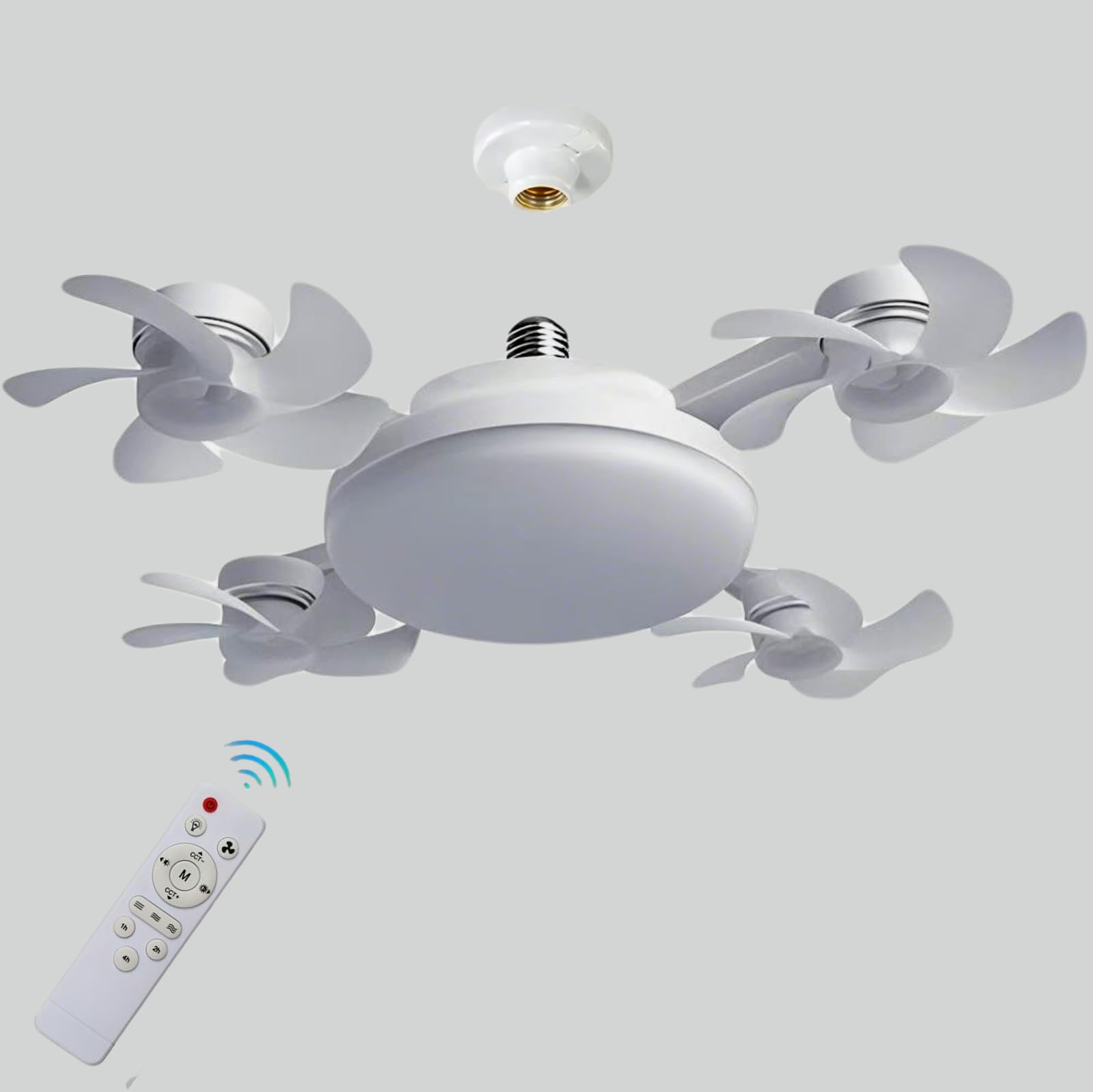 4 Heads Drone Socket Fan Light, E26/E27 Screw in Ceiling Fan with Remote, Dimmable LED Quiet Multi-Directional Fan Lamp for Bedroom Garage