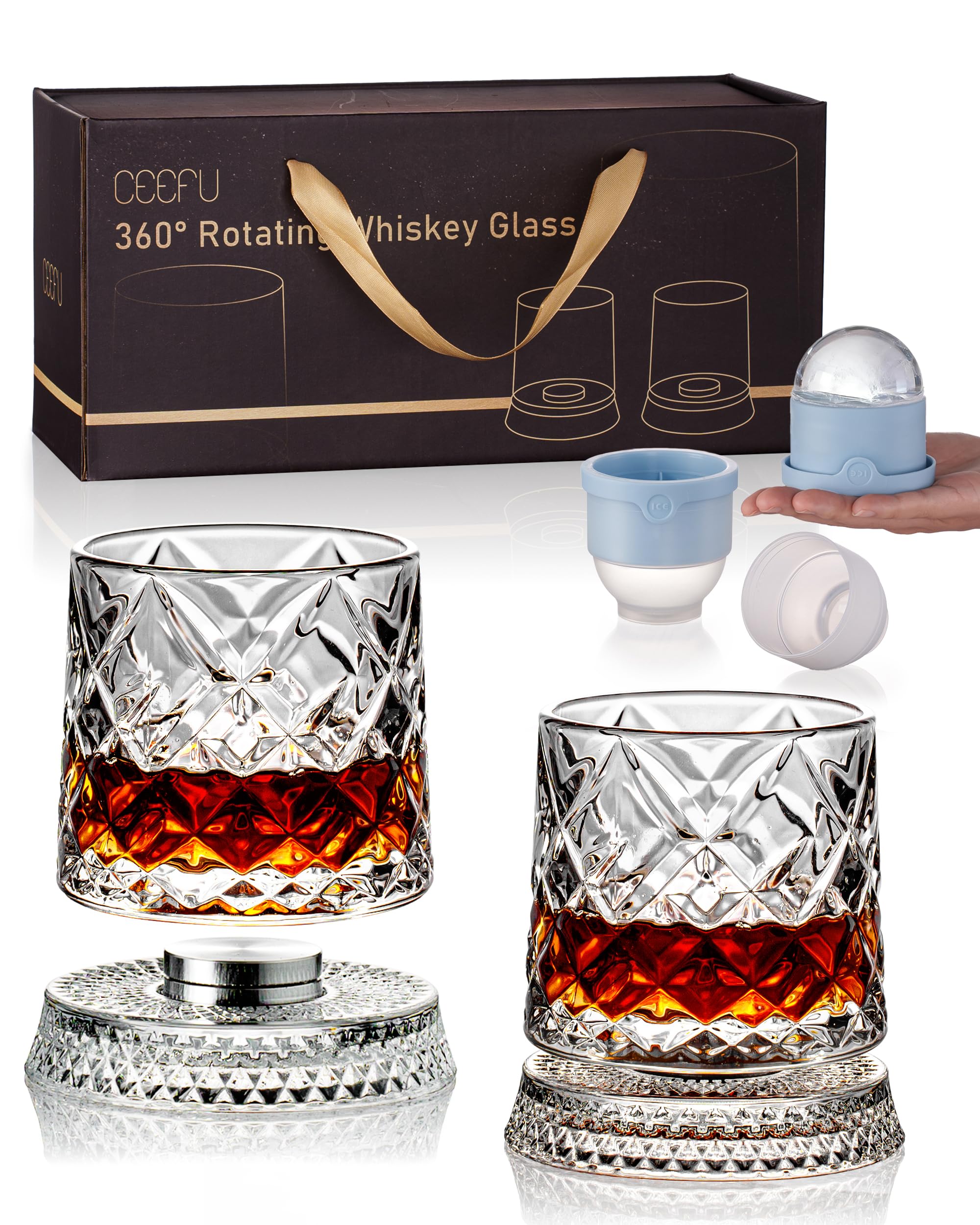 Short：Rotating Diamond Whiskey Glass Set with Ice Ball Molds, 2 Pack Gift Box