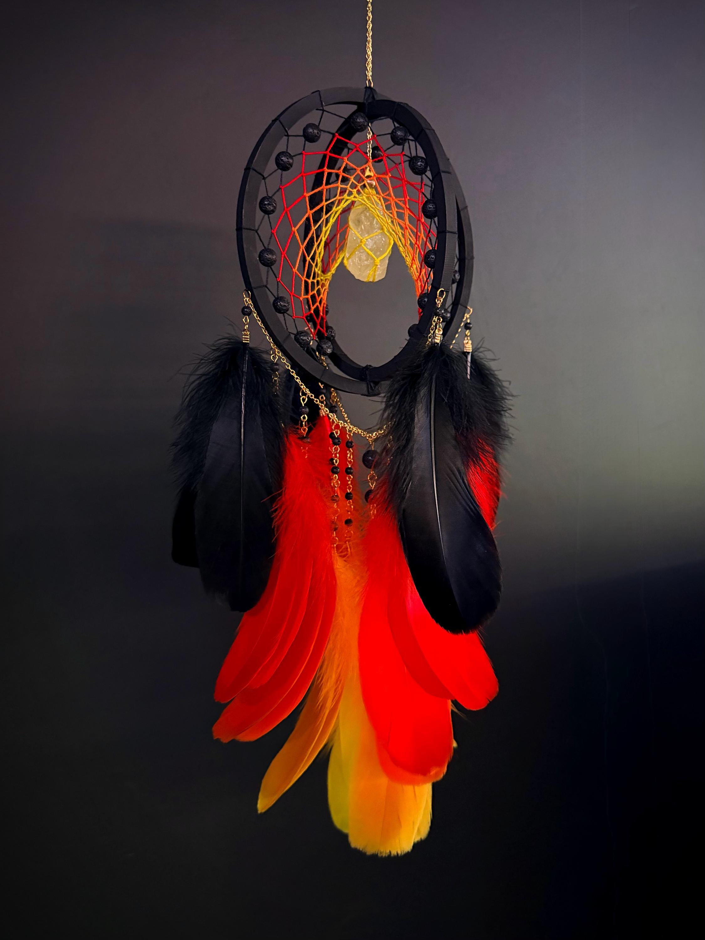 Gothic Black Red Feather Dreamcatcher with Crystal Stone