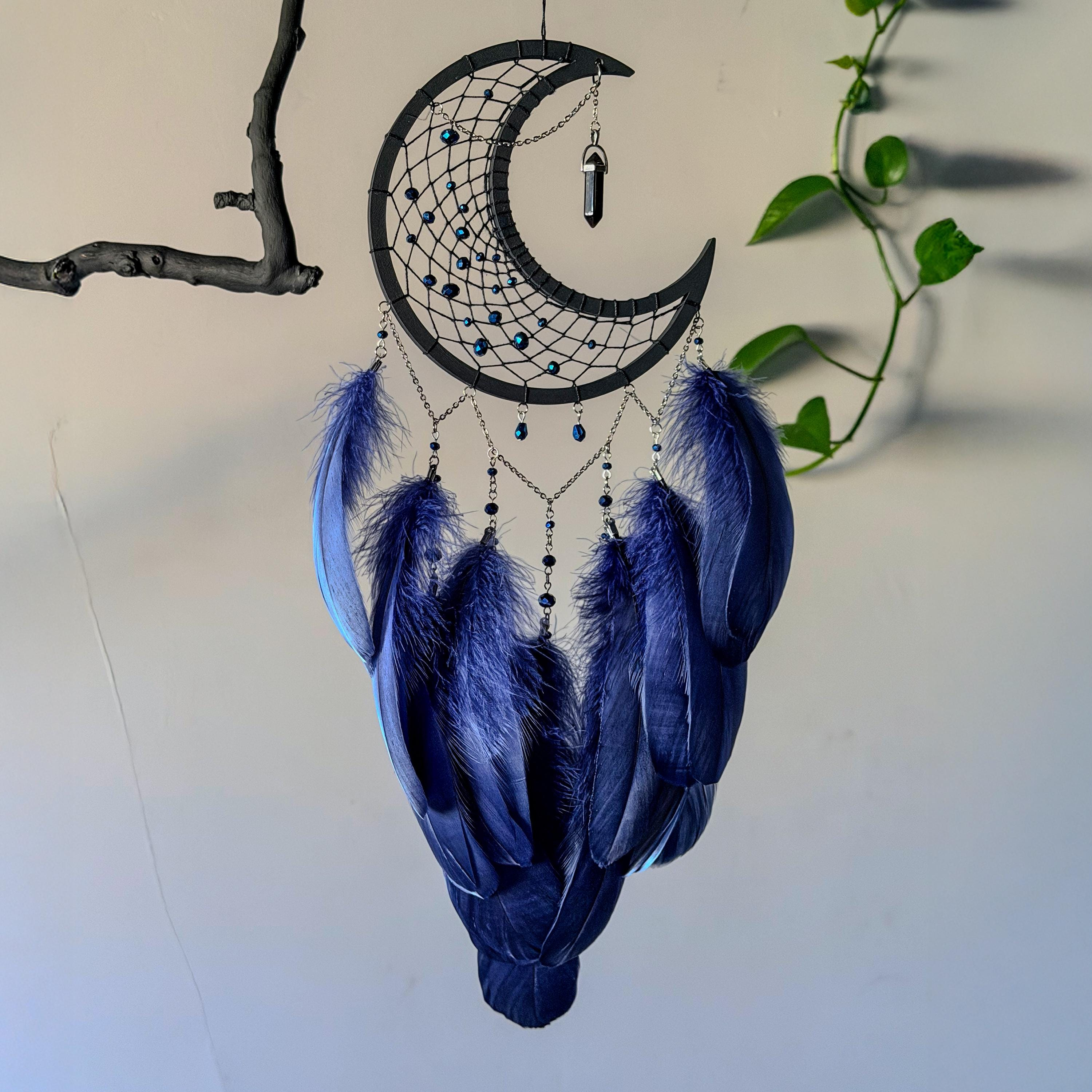 Black Moon Dreamcatcher with Dark Blue Feathers & Crystal Pendant