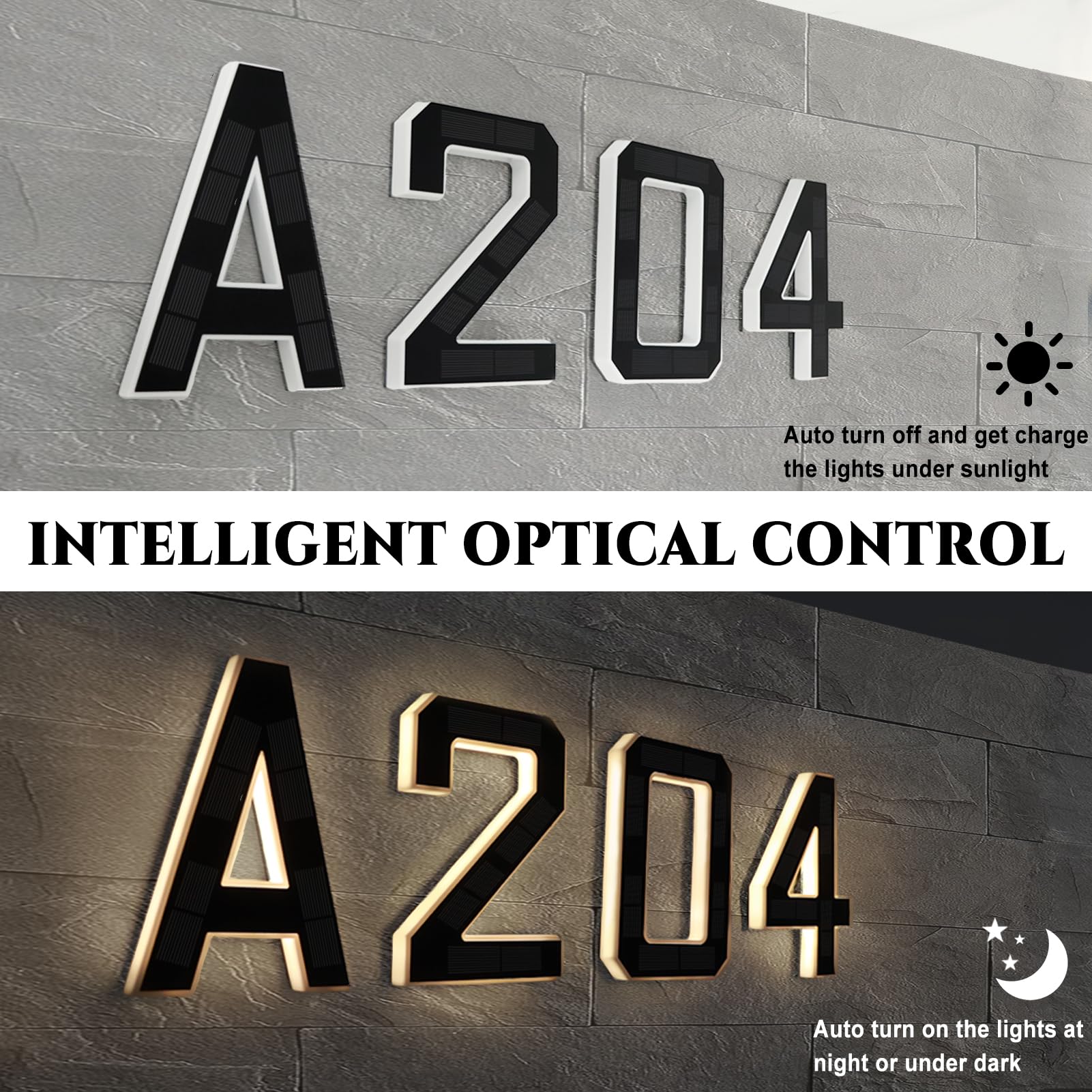 Solar LED House Numbers with Intelligent Light Control, IPX4 Waterproof Illuminated Address Sign
