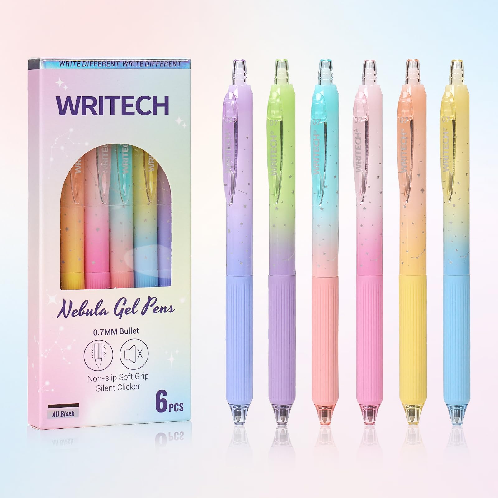 WRITECH Nebula Gradient Retractable Gel Pens 6 Pack, 0.7mm Black Ink Silent Click Cute Aesthetic Journal Pens