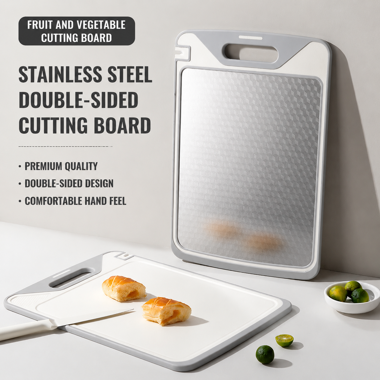 Double Sided Cutting Board, Stainless Steel & Food-Grade Plastic Chopping Board