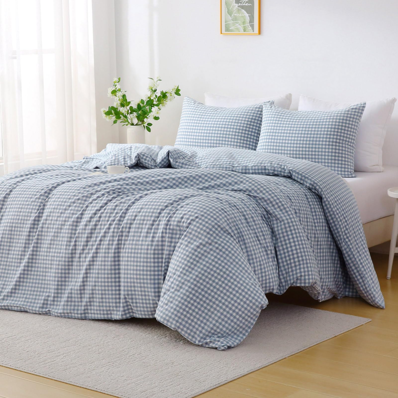 Ruffle Plaid Duvet Cover Set, Soft Washed Cotton Bedding Set with Pillowcases